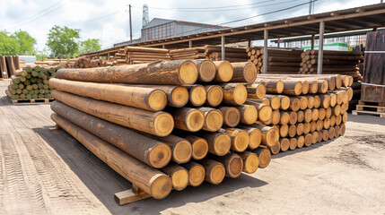Stacked wooden logs in industrial lumberyard environment on a sunny day