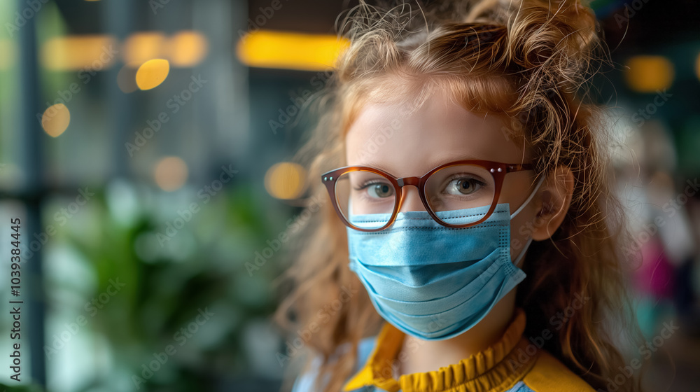 Wall mural young girl with glasses wearing a face mask in a modern indoor setting