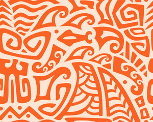 Polynesian motifs. Tiki seamless pattern. Aztec textile print.Geometric, vector background. Suitable for printing on fabric and paper, for parties. 
