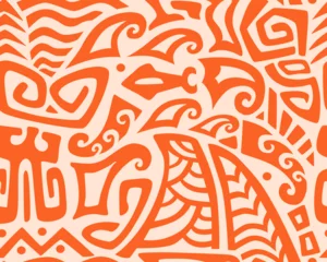 Fotobehang Polynesian motifs. Tiki seamless pattern. Aztec textile print.Geometric, vector background. Suitable for printing on fabric and paper, for parties.  © Светлана Вдовина