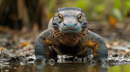 Obraz premium Close-up of a Komodo dragon in a natural habitat.