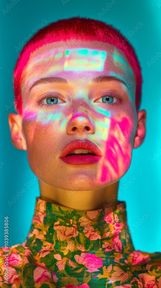 Poster futuristic portrait of non-binary individual with cherry red hair and holographic light patterns