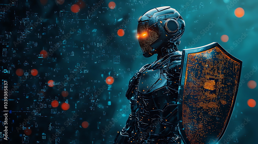 Aufkleber Futuristic robot guardian with glowing eyes and shield against an abstract digital background representing advanced technology