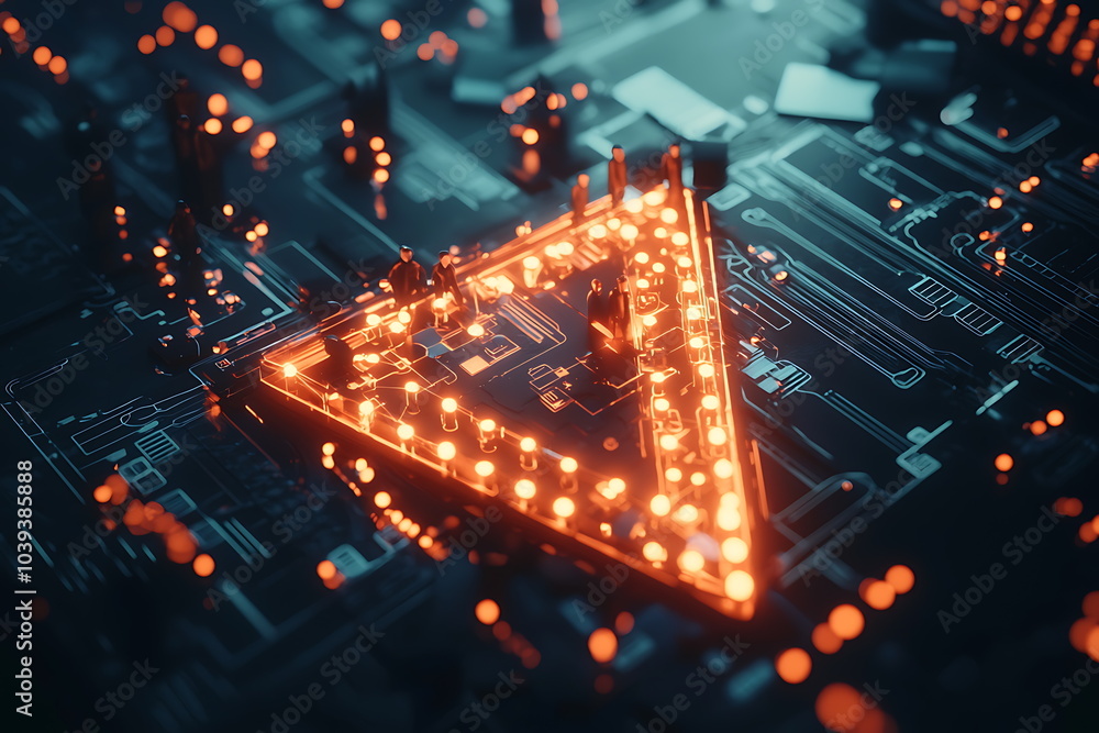 Poster Illuminated circuit board with glowing triangular design a fusion of technology and artistry in digital aesthetics