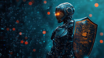 Fototapeta premium Futuristic robot guardian with glowing eyes and shield against an abstract digital background representing advanced technology