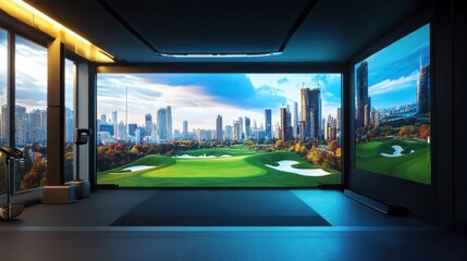 Fototapeta premium A futuristic golf simulator room with panoramic cityscape views, Virtual fairways on immersive screens, Urban gaming style