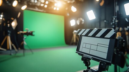A clapperboard stands in front of a green screen in a film studio.