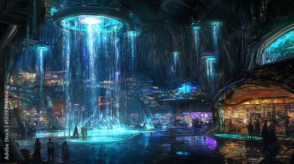Poster exploring a futuristic underground market surrounded by cascading waterfalls and vibrant neon lights