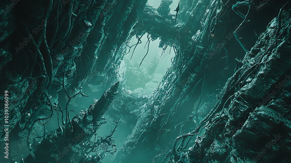 Poster exploring the enigmatic hidden city beneath the earth a journey through robotic vines and mystical l
