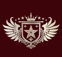Fototapeta premium winged shield with star crown and laurel wreath gold logo