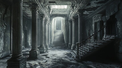 Fototapeta premium Exploring an abandoned grand hall cracked pillars bathed in gentle light evoke mystery and wonder