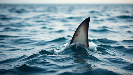 Naklejka premium Outdoor photo of photorealistic image of the open ocean shot at the waterline with a shark fin breaching the surface at a distance depth of field blur. Generative AI