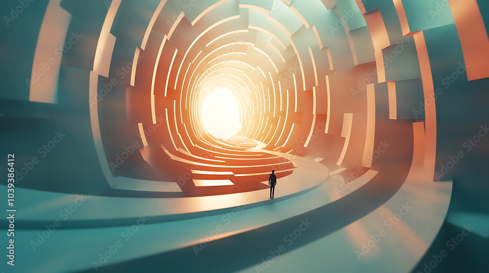 Poster Journey through an abstract tunnel towards a radiant light with a lone figure symbolizing hope and possibility