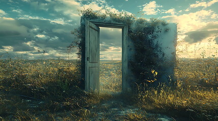 The enigmatic open door a portal to nature's wonders amidst flourishing wilderness and skyward dreams