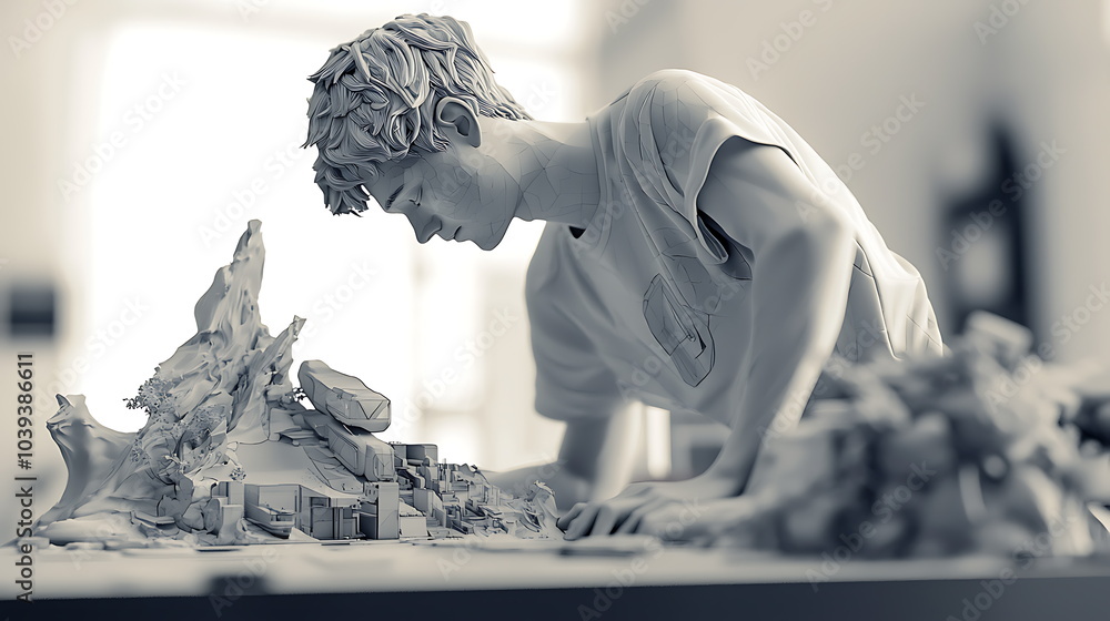 Poster Artistic model result featuring a captivating human figure engaged in creative expression with surrounding elements in a sculptural environment