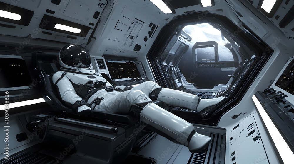 Poster exploring the depths of space an astronaut's experience inside a high-tech spacecraft