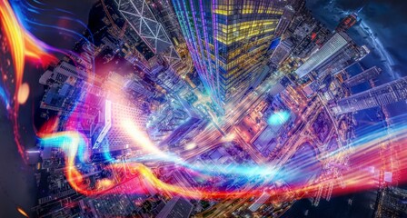 Aerial view of a city skyline at night, illuminated by neon lights and streaks of color.