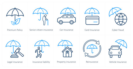 A set of 10 Insurance icons as premium policy, senior citizen insurance, car insurance