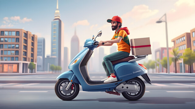 Pixel art vector-style image of generate 3D scooter 3D vector fast delivery with delivery boy and city in the background. Generative AI