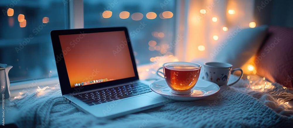 Poster a laptop computer and a cup of tea on a cozy white blanket by a window with string lights.