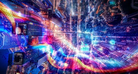 A bird's eye view of a city at night, with brightly lit buildings and streets.