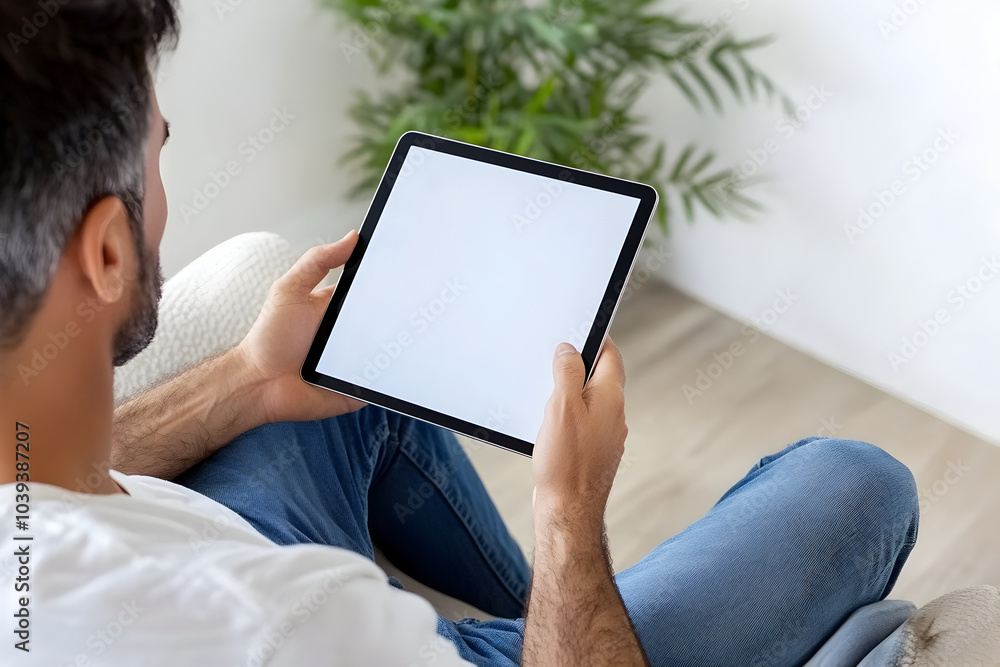 Poster man relaxing on chair using tablet computer ,design mockup tablet screen