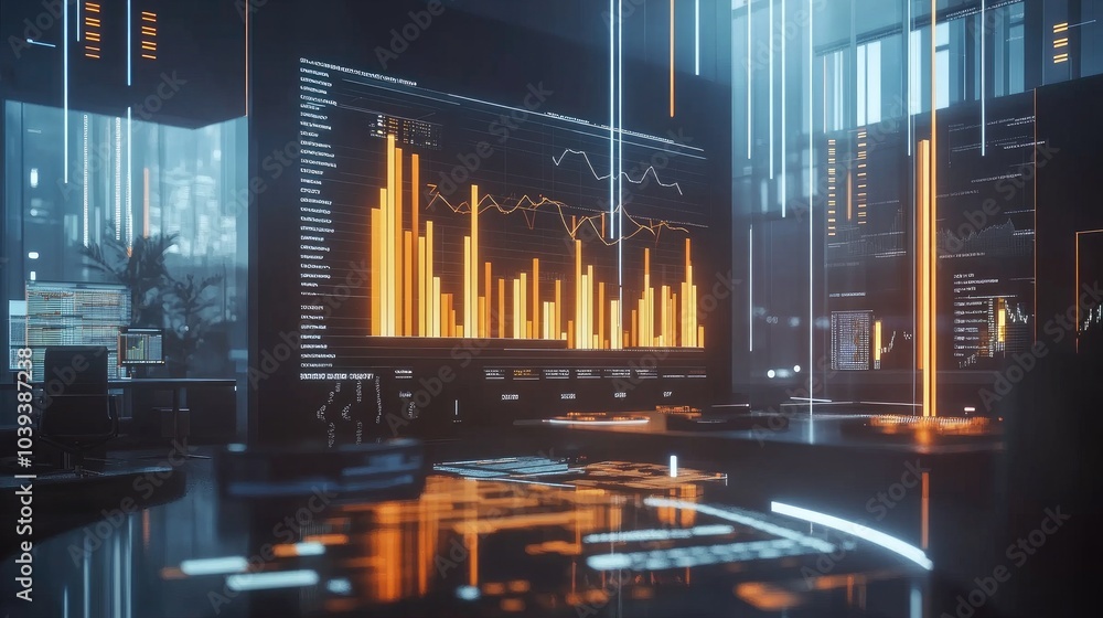 Poster futuristic office with data visualization and analytics