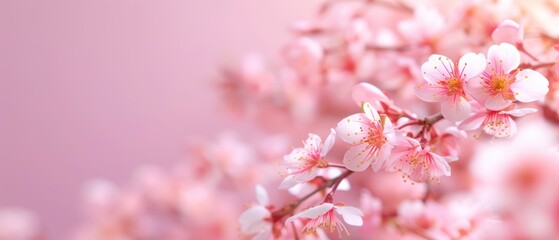 Naklejka premium Delicate pink cherry blossoms blooming on soft, blurred background.