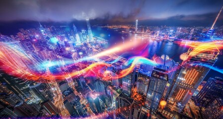 Night aerial view of a city with many skyscrapers lit up with colorful lights.