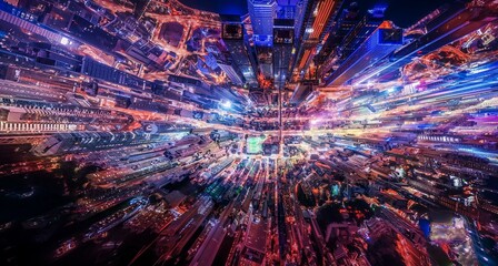 Night aerial view of a bustling city with towering buildings, illuminated streets, and vibrant lights.