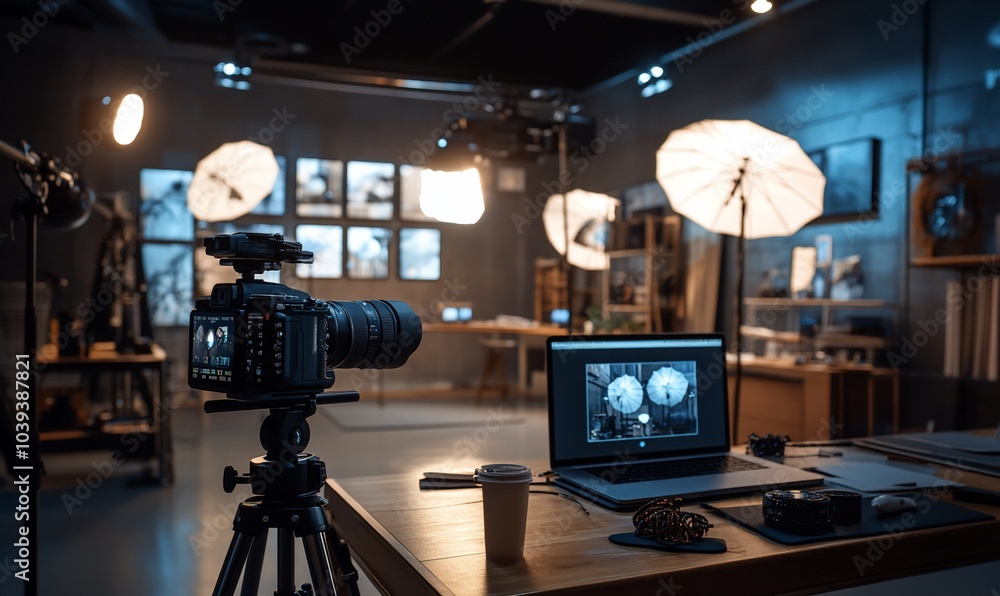 Aufkleber a dslr camera mounted on a tripod is positioned in front of a laptop screen displaying images.
