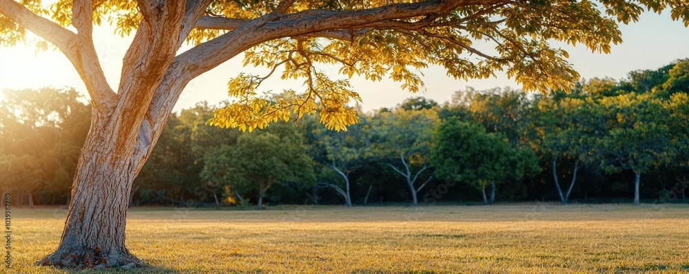 Poster sunlight filtering through a large tree in a serene green field.