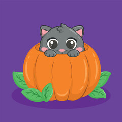 illustration art cute black cat on the pimkin sticker vector design
