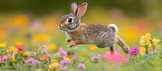 Obraz premium A brown rabbit leaps through a field of vibrant wildflowers, its ears perked and tail twitching.