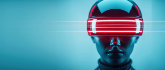 Fototapeta premium Futuristic person wearing stylish VR headset with glowing red lights.