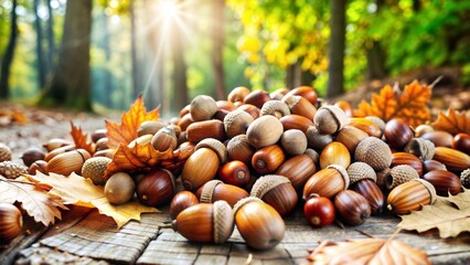 Pile of Acorns on Forest Floor with Autumn Leaves, Nature Harvest..