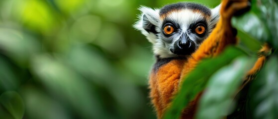 Naklejka premium Lemur resting among lush green foliage, showcasing vibrant colors and curious expression.