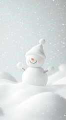 Fototapeta premium winter white snow, small marshmallow snowman figure next trees, white and ivory lighting background, tree christmas in background