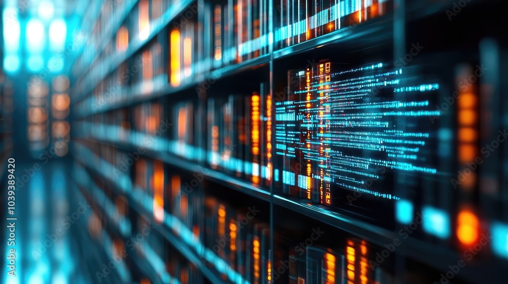 Aufkleber abstract digital library with glowing data streams on shelves.