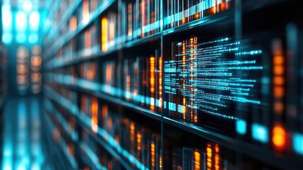 Abstract digital library with glowing data streams on shelves.