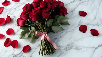 Valentines Day. Elegant bouquet of red roses with scattered petals on a marble surface, symbolizing love and romance, perfect for Valentines Day or special occasions. Video made using Generative AI.
