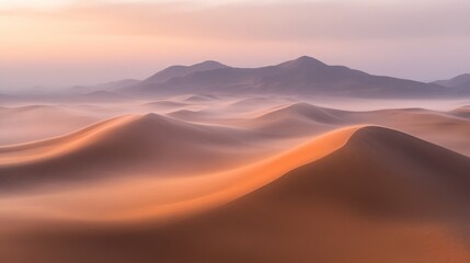A stunning sunrise over a vast desert landscape, casting warm hues on the sand dunes and distant mountains. The air is filled with a soft mist, adding to the sense of tranquility.