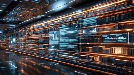 Futuristic digital data storage room with glowing screens and intricate designs.