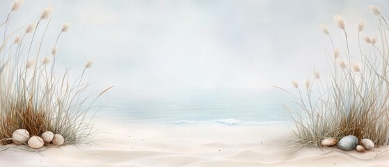 Scenic beach view with soft grasses and pebbles against a tranquil ocean background.