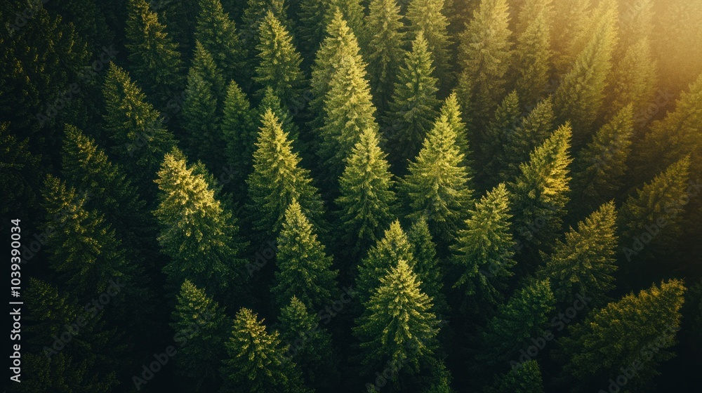 Poster an aerial view of a dense evergreen forest with sunlight filtering through the canopy.