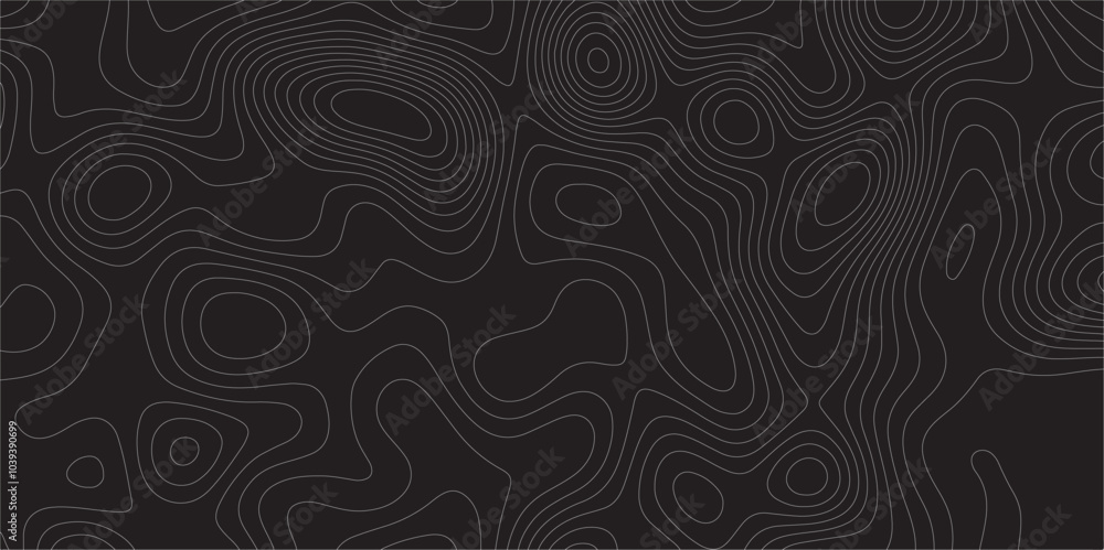 Poster Abstract white on black background Topographic line map pattern. Contour elevation topographic and textured Background Modern design with black background with topographic wavy patted.	