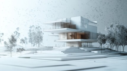 Modern architectural design with layered structures and greenery.