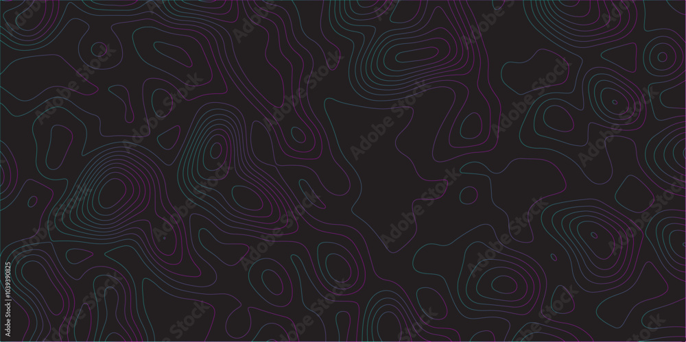 Poster Abstract black colorful gradient Topographic line map pattern background. Contour elevation topographic and textured Background Modern design with black background with topographic wavy Patte and dot	