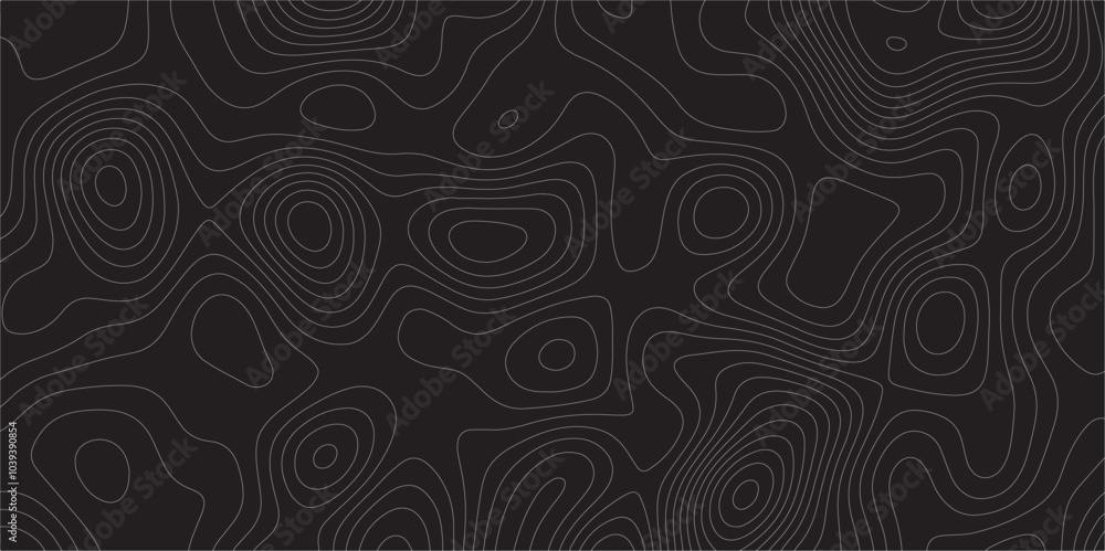 Poster Abstract white on black background Topographic line map pattern. Contour elevation topographic and textured Background Modern design with black background with topographic wavy patted.	
