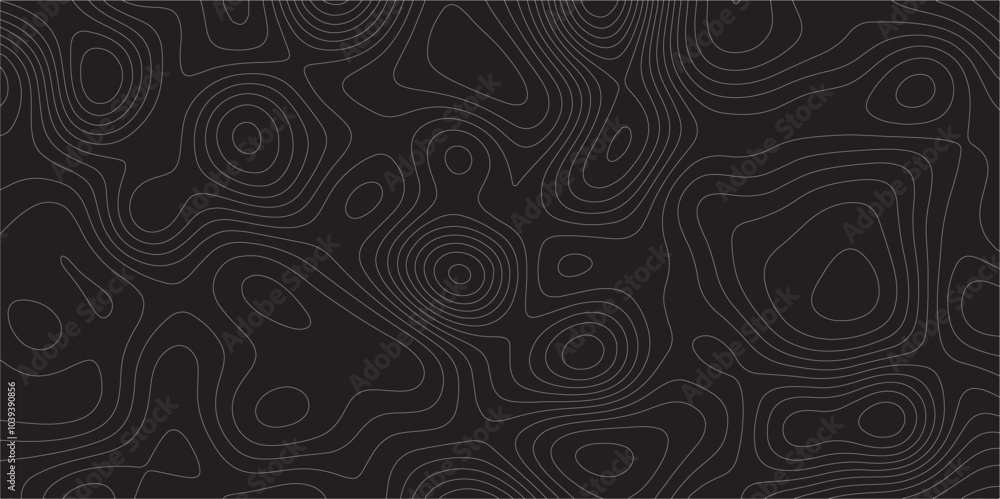 Poster Abstract white on black background Topographic line map pattern. Contour elevation topographic and textured Background Modern design with black background with topographic wavy patted.	